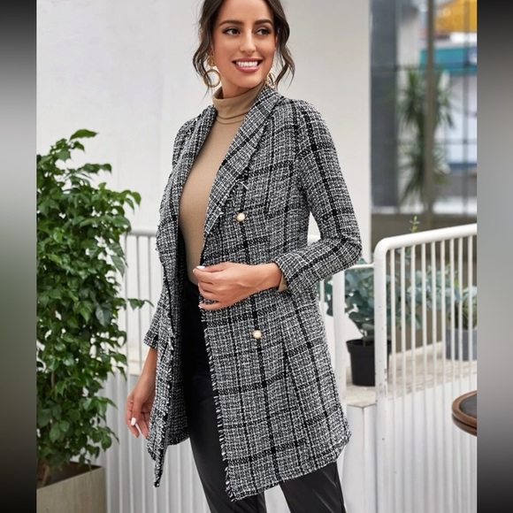 Double Button Plaid Tweed Coat- Black & White - Picture 4 of 6